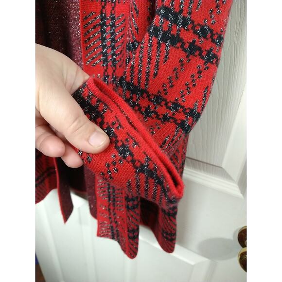 Christina Women's L Sweater Red Plaid Shimmer Pullon 3/4 Sleeve Cardigan - Picture 6 of 8